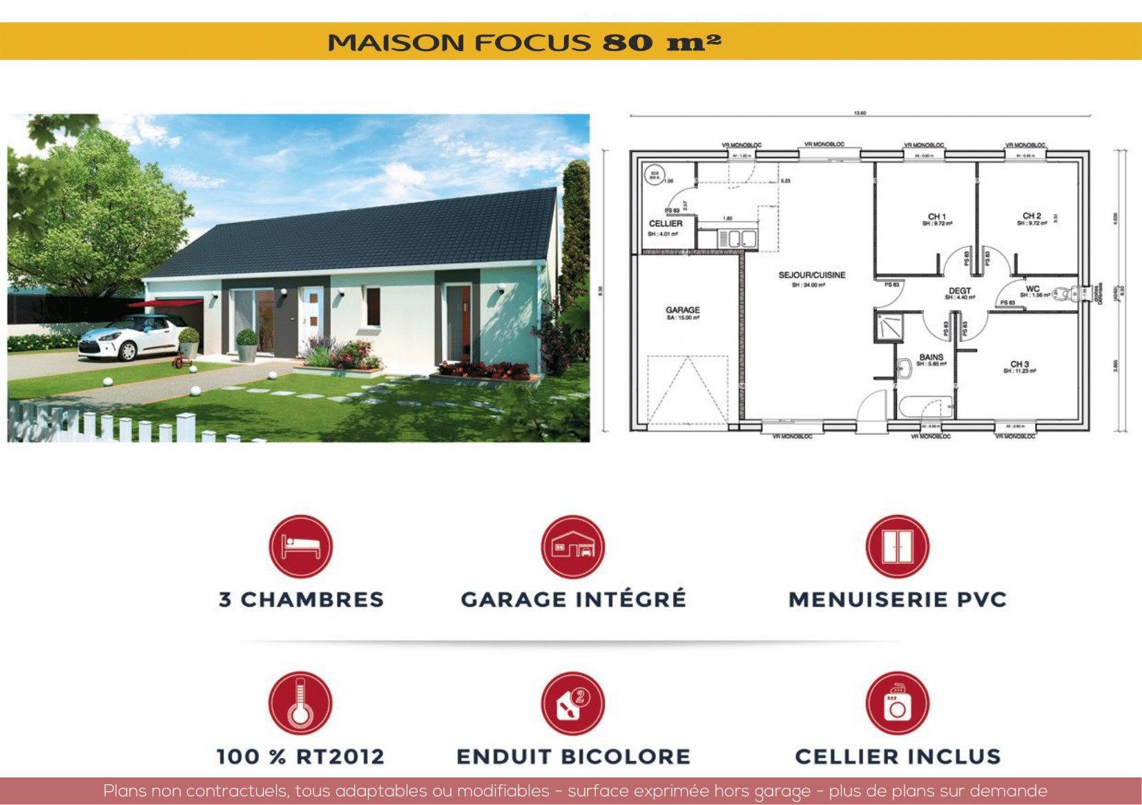 Planche de la maison Focus 80 en version clé en main : vue du modèle, plan coté et prestations